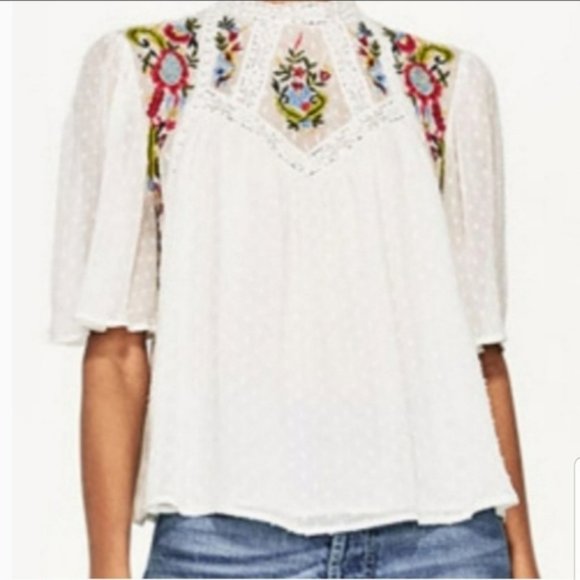 Zara] Black Embroidered Dotted Mesh Top XS - Picture 7 of 7